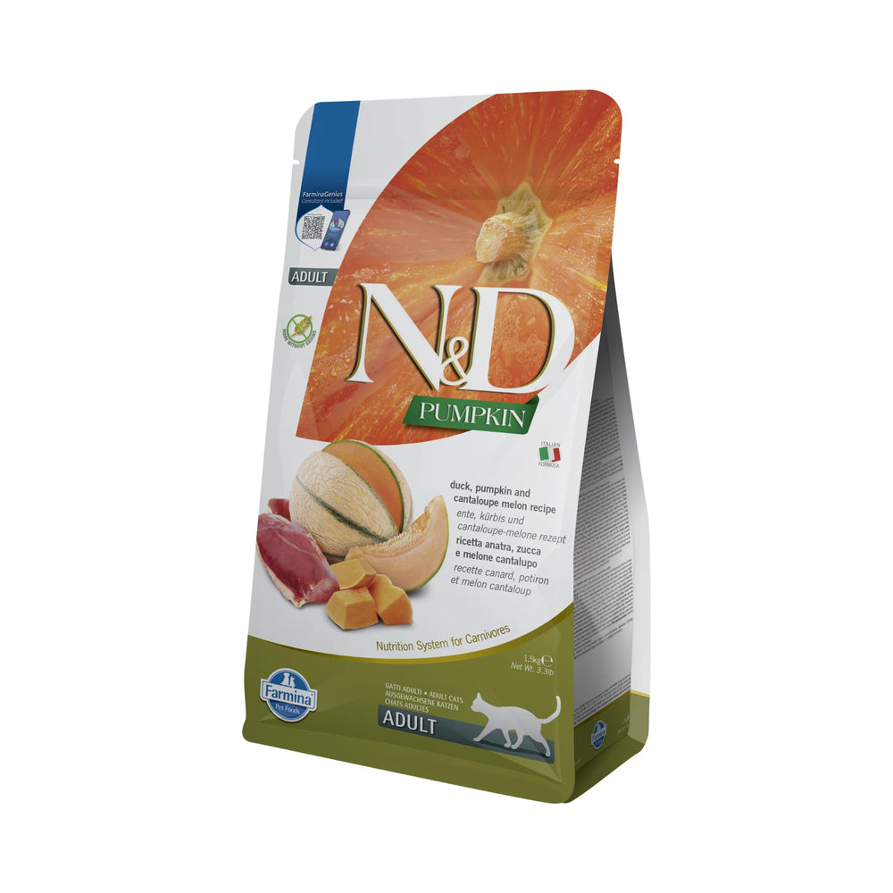 N&D emballage avant montrant recette canard courge pour identification rapide