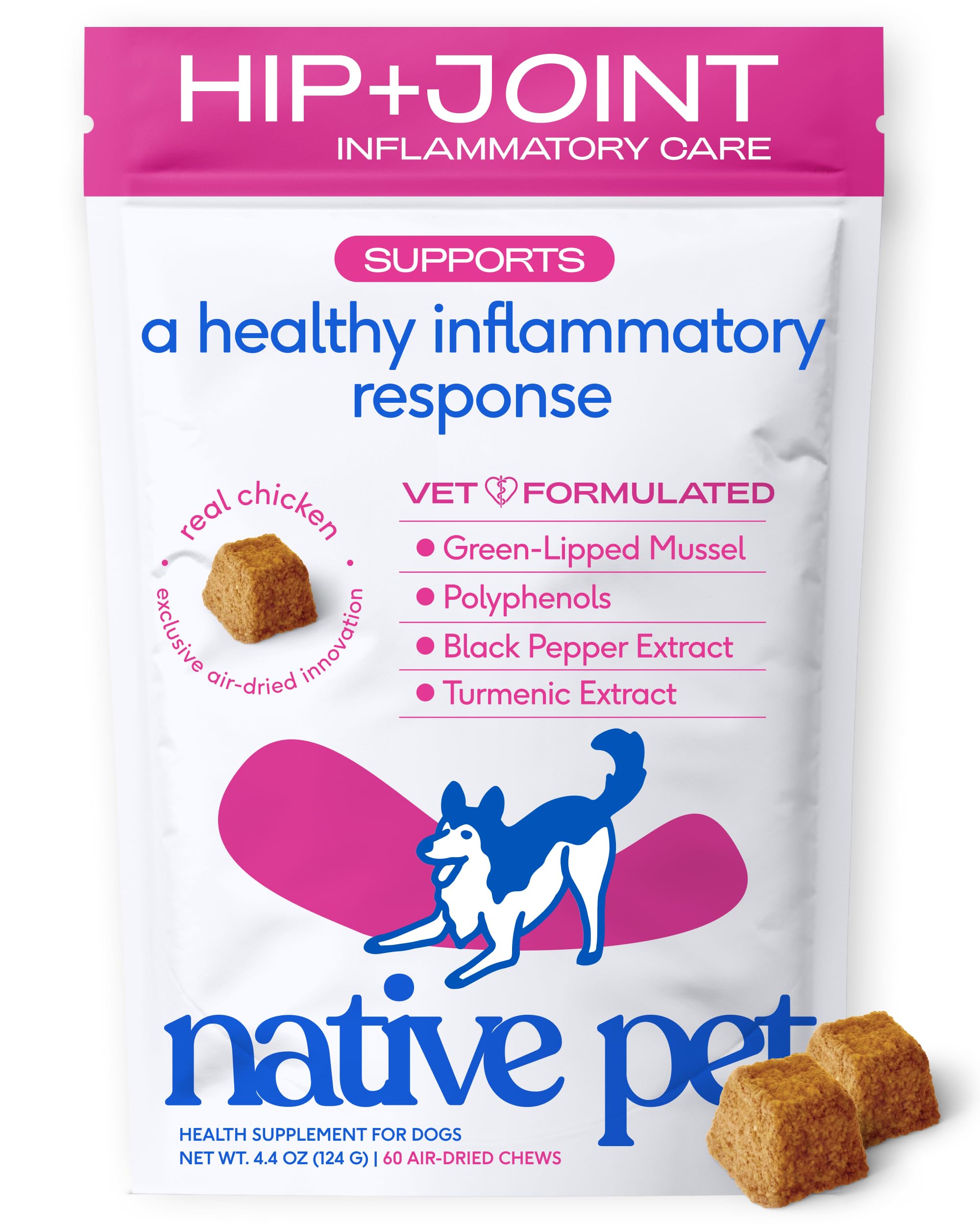 Native Pet emballage avant montrant formulation pour articulations et praticité