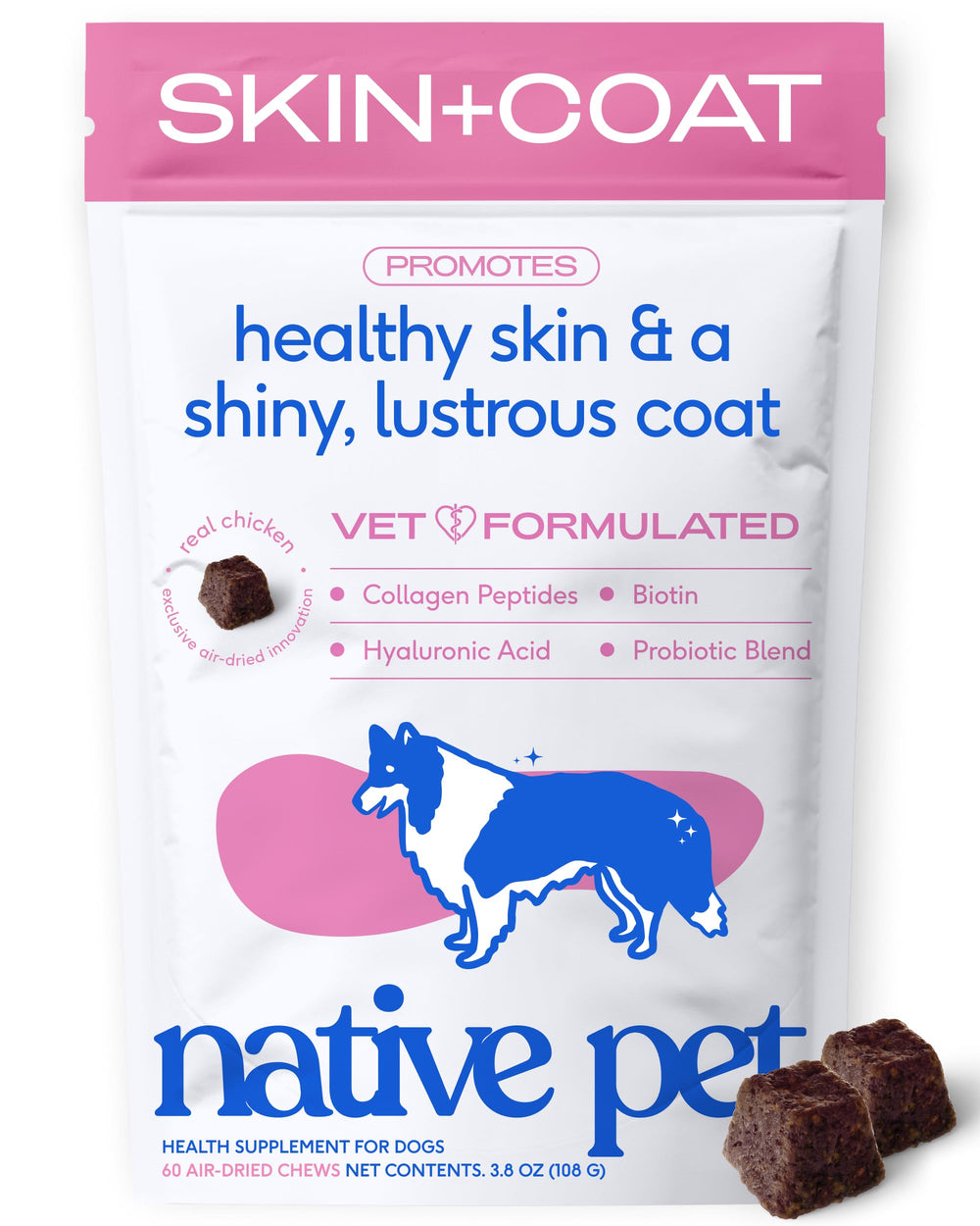 Native Pet emballage avant montrant 60 chews pour peau et pelage, bénéfice entretien quotidien