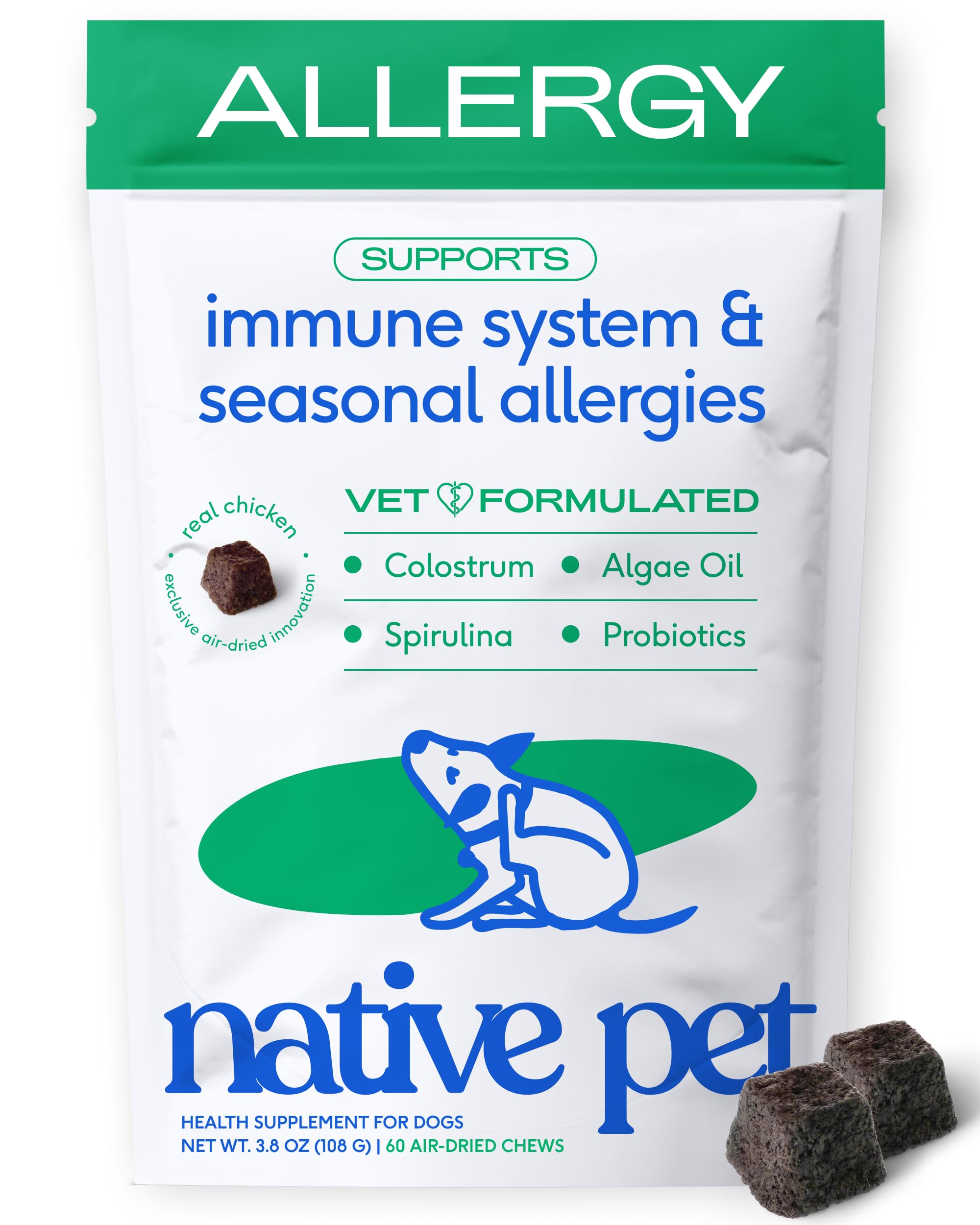 Native Pet emballage avant montrant 60 chews et avantages pour peau