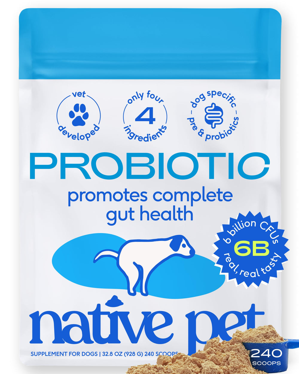 Native Pet emballage avant montrant la poudre probiotique et bénéfice digestion améliorée