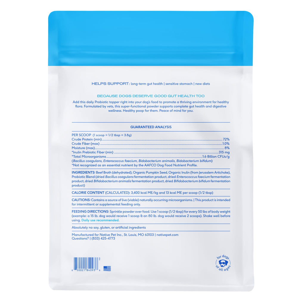 Native Pet emballage côté information montrant instructions et stockage sûr