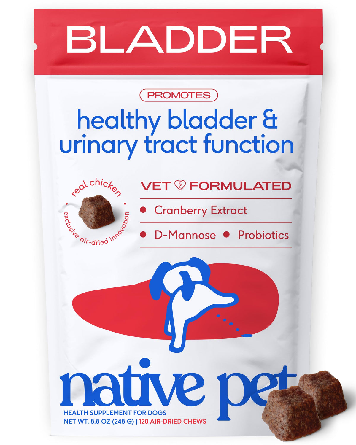 Native Pet emballage devant montrant le format et bénéfice soutien urinaire