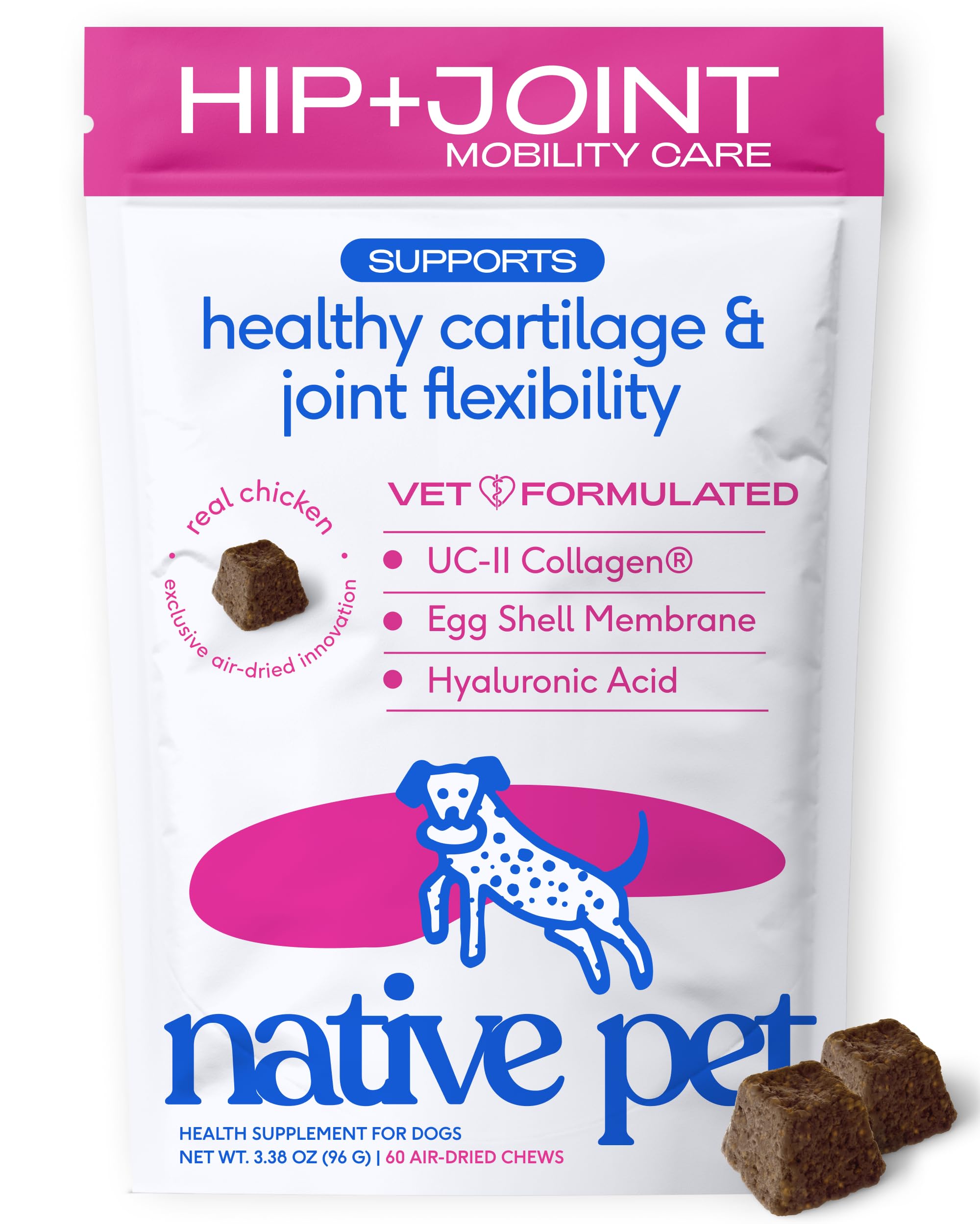 Native Pet vue avant du paquet montrant 60 chews et avantages articulaires