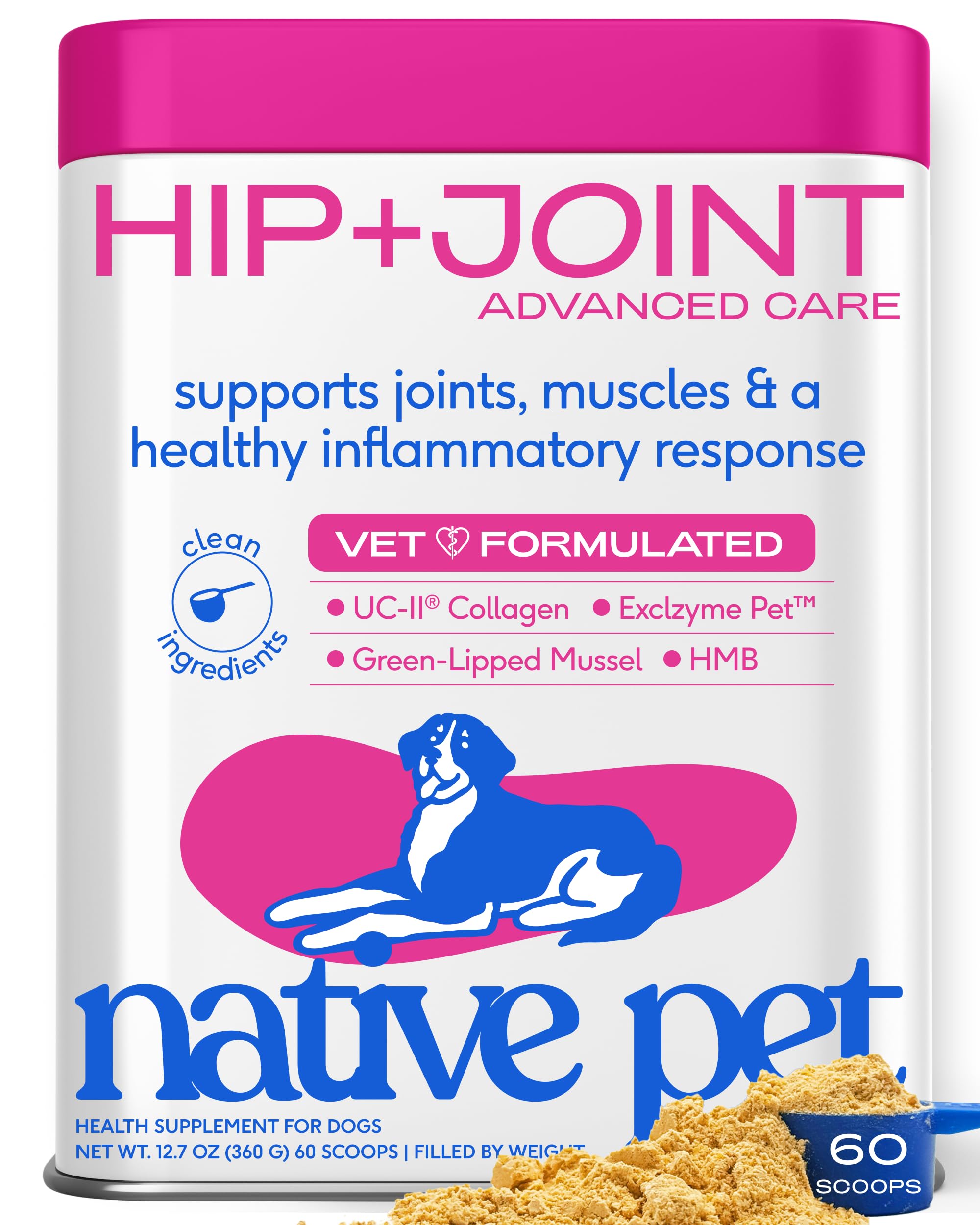 Native Pet emballage avant montrant supplément articulations et dosage