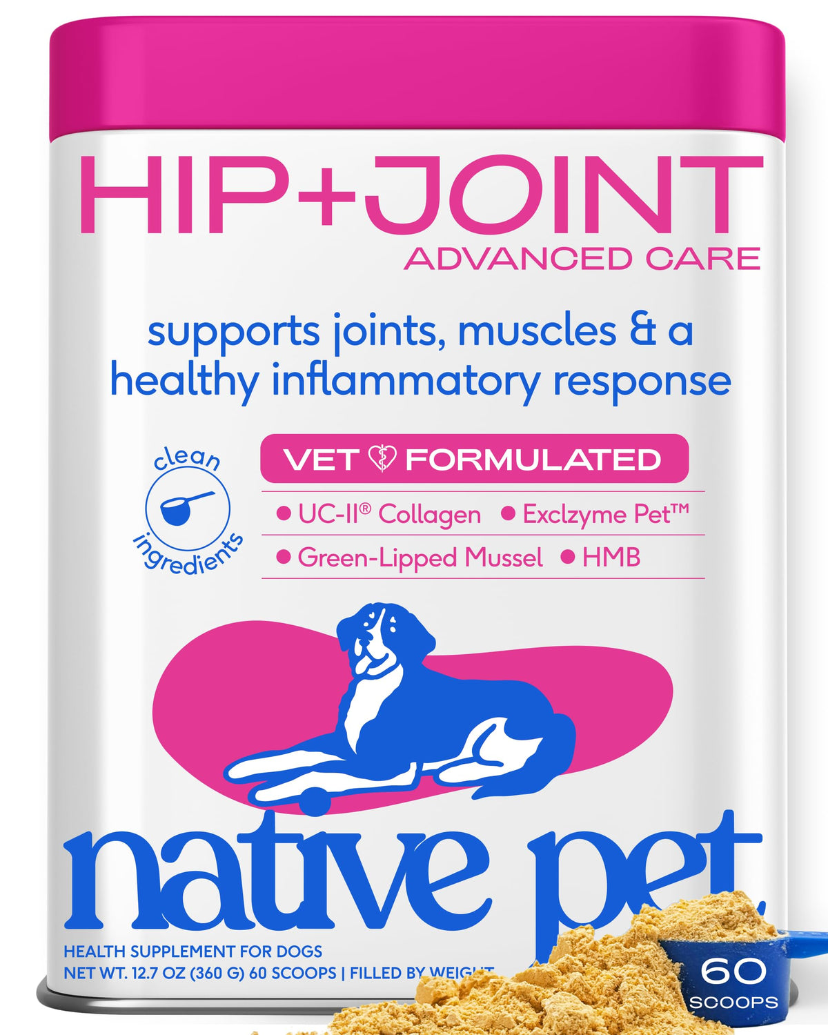 Native Pet emballage avant montrant supplément articulations et dosage