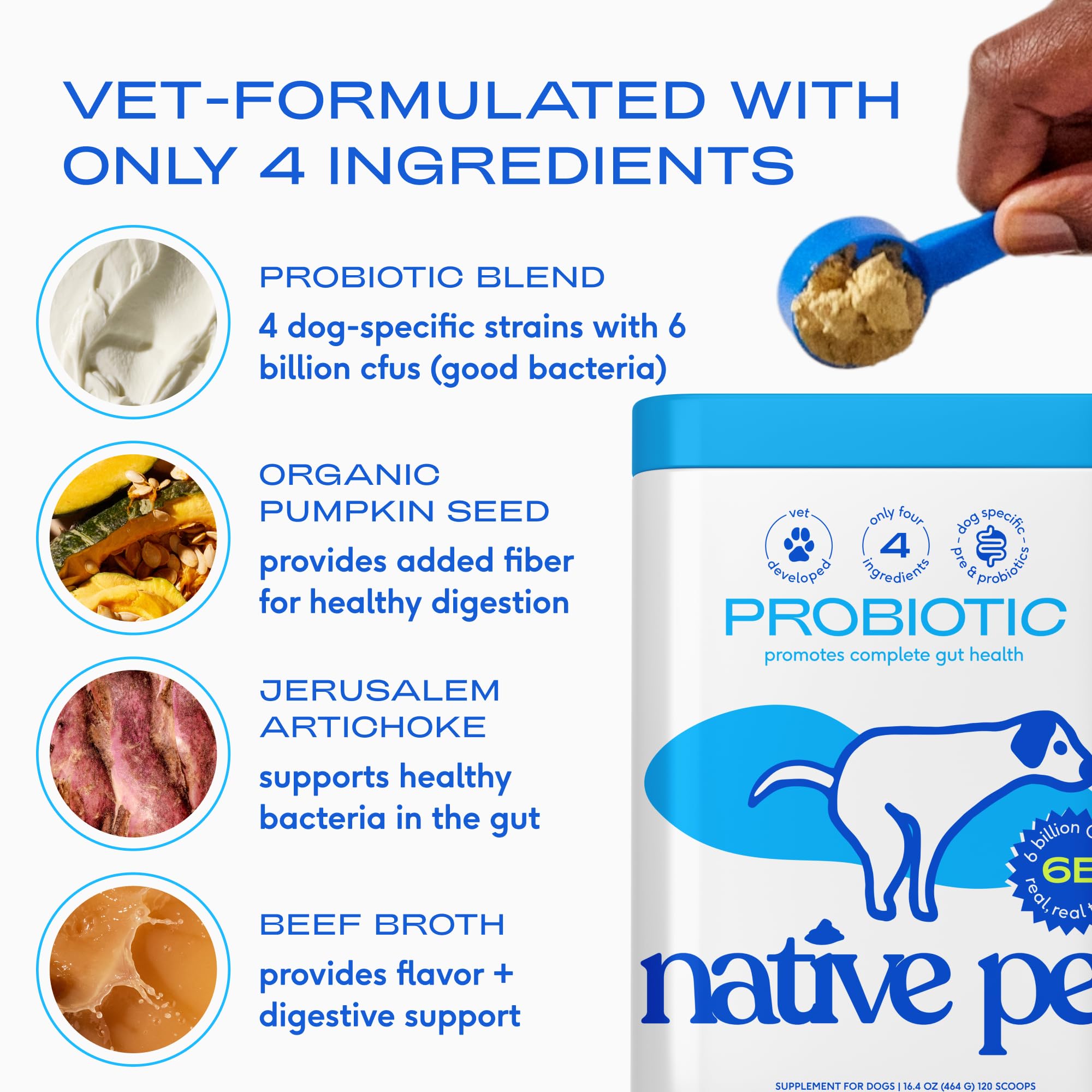 Native Pet poudre mélangée dans la nourriture, bénéfice acceptation par chien difficile