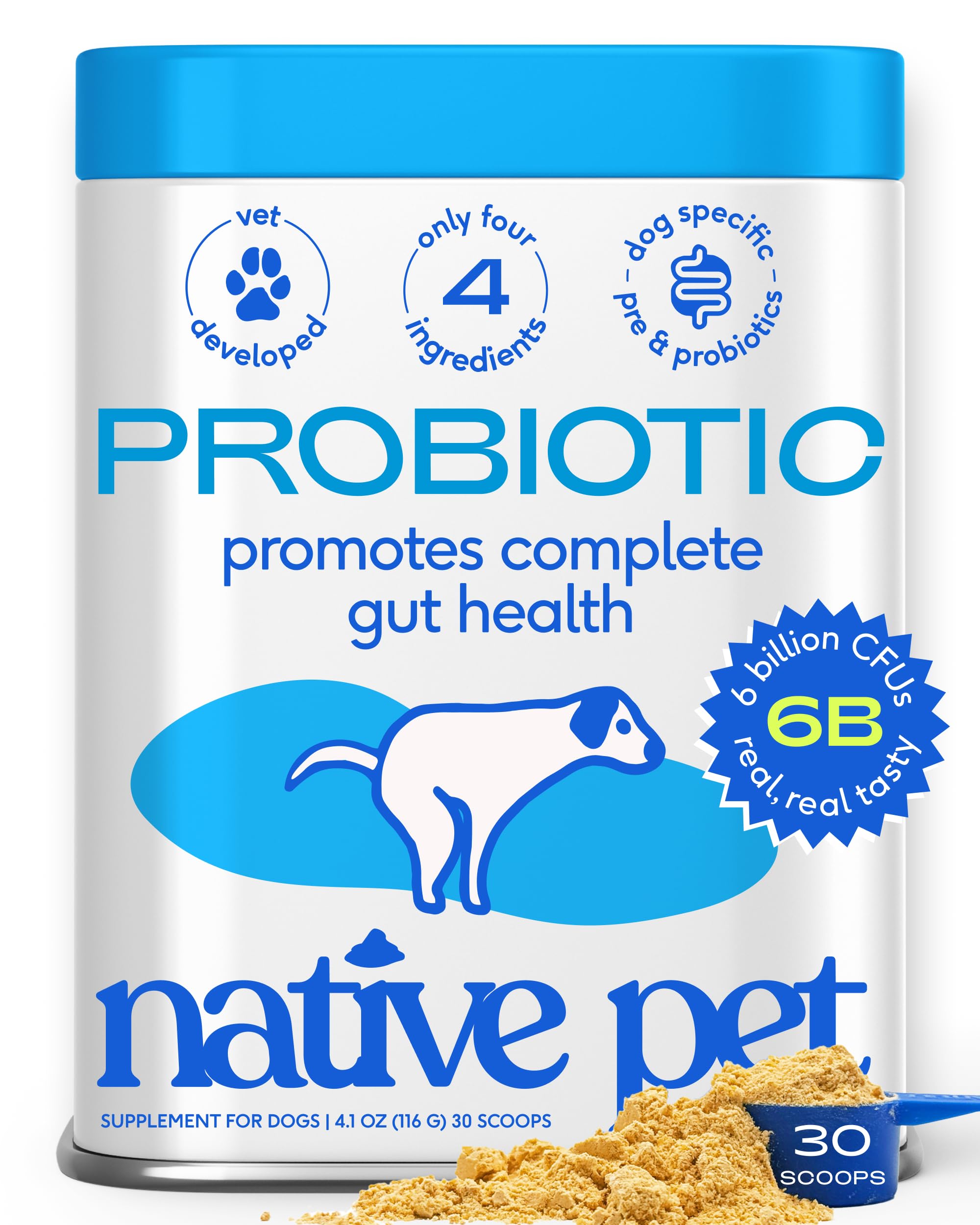 Native Pet emballage avant montrant la poudre probiotique et bénéfice digestif