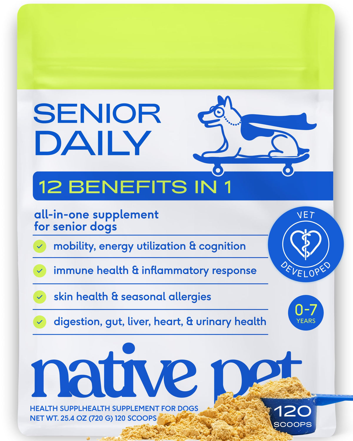 Native Pet paquet avant montrant formule senior et bénéfice mobilité