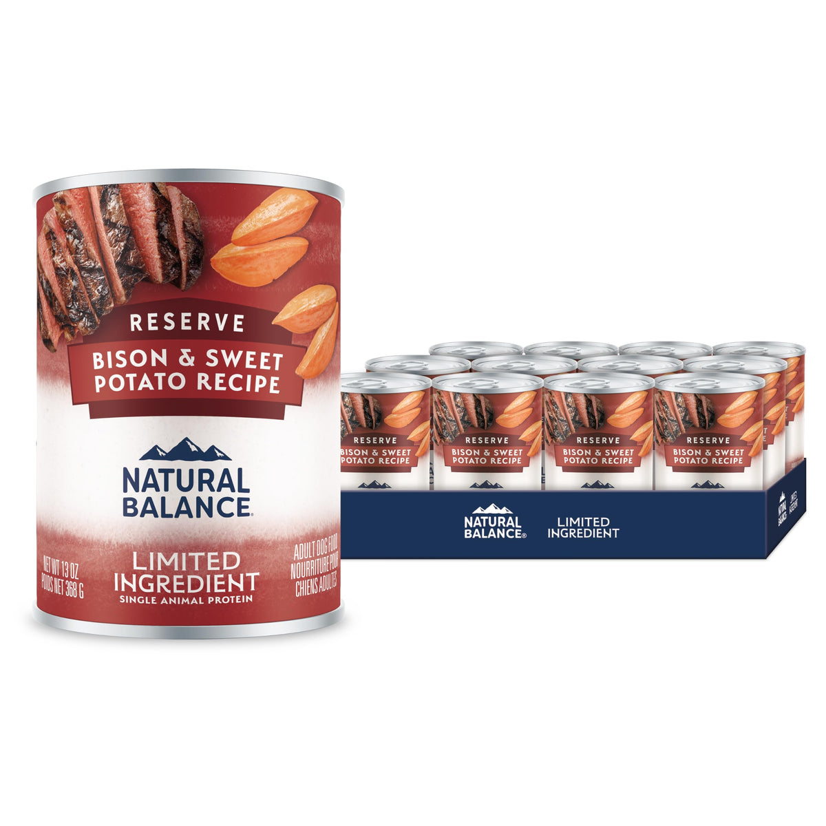 Natural Balance face du packaging montrant bison et patate douce, confiance nutritionnelle