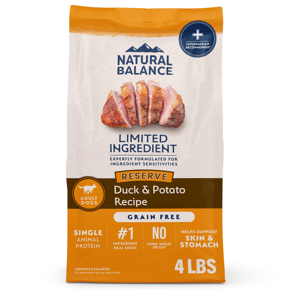 Natural Balance sac face montrant recette canard et patate douce bénéfice digestif