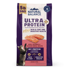 Natural Balance sac avant montrant recette saumon et poulet bénéfice appétit