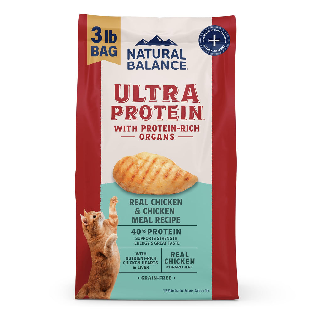 Natural Balance emballage devant poulet 3 lb montrant formule haute protéine et bénéfice appétence