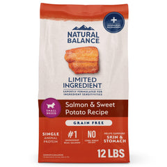 Natural Balance emballage avant montrant recette saumon et patate douce bénéfice tolérance