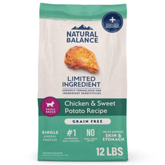 Natural Balance emballage face montrant le sac 12 lb et bénéfice nutritionnel