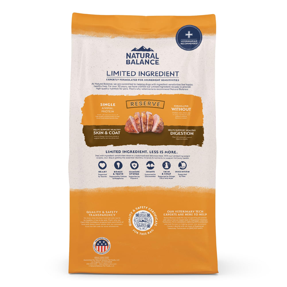Natural Balance sac ouvert avec croquettes visibles indiquant fraîcheur du contenu