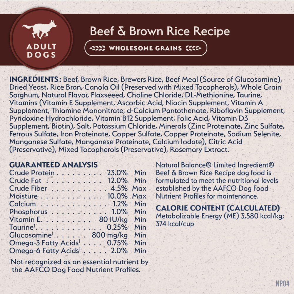 Natural Balance riz brun ingredient principal montrant la source de glucides digestes