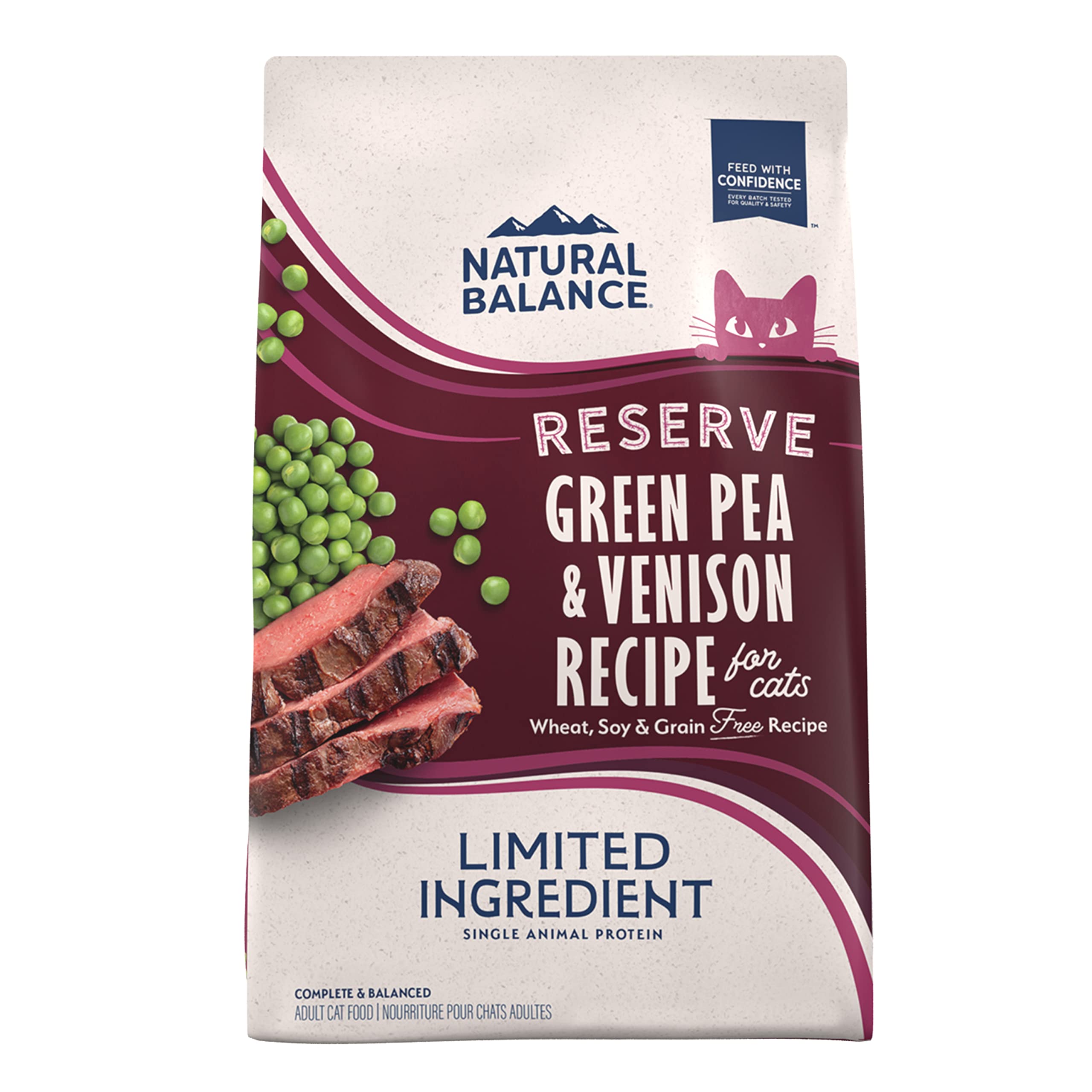 Natural Balance paquet avant montrant formule venaison et pois verts, rassurant pour le propriétaire