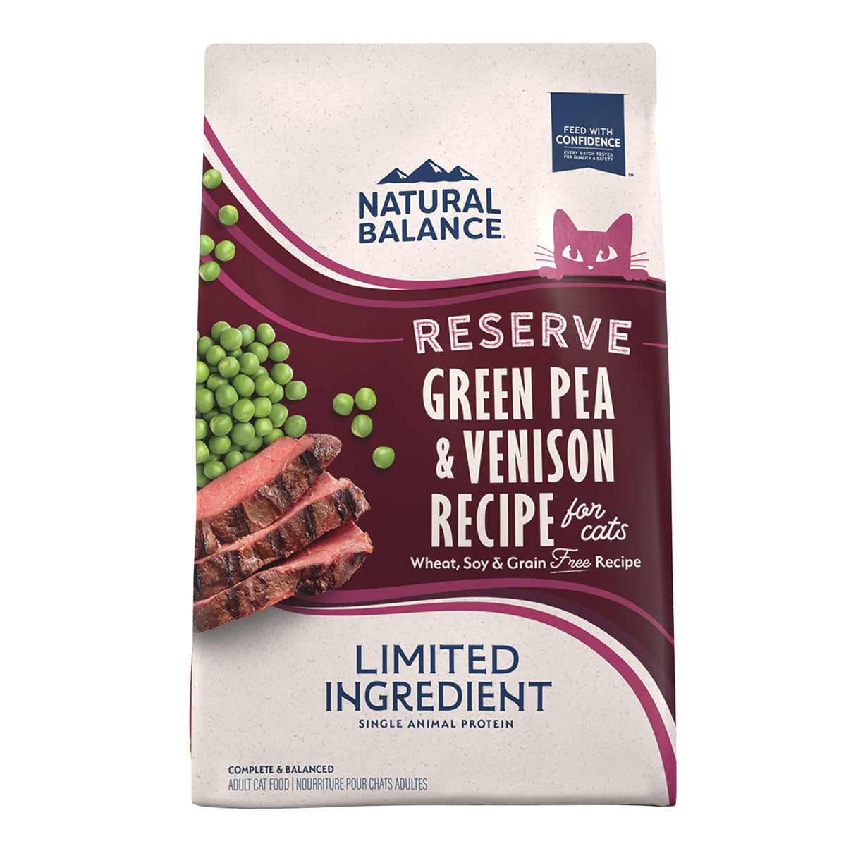 Natural Balance paquet avant montrant formule venaison et pois verts, rassurant pour le propriétaire
