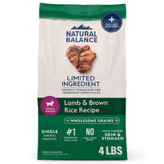 Natural Balance emballage face montrant formule pour petites races, confiance et praticité