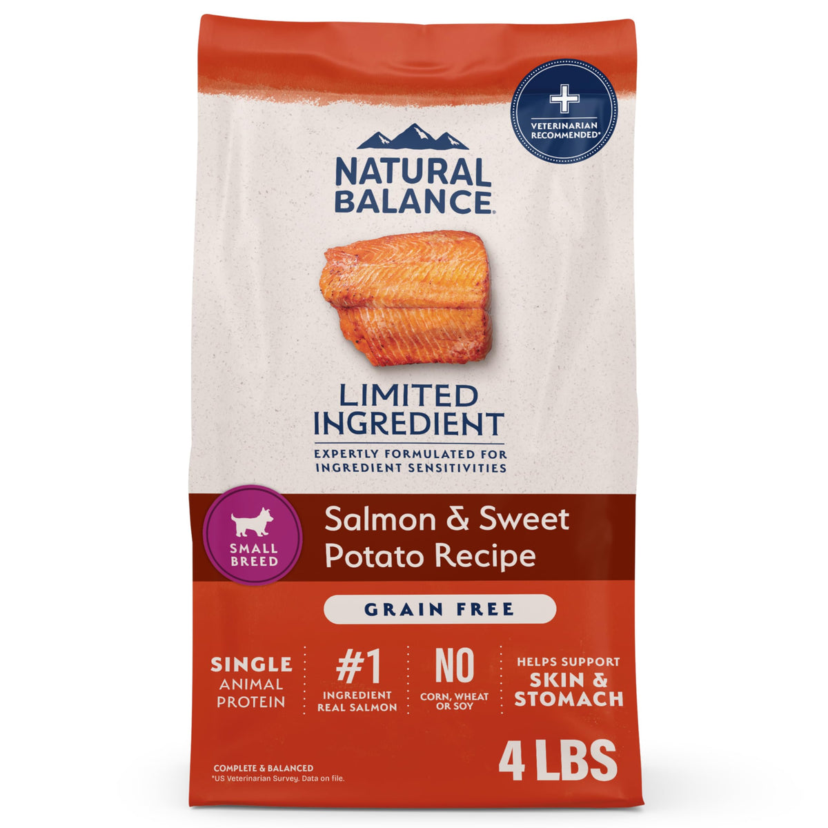 Natural Balance paquet face montrant recette saumon et patate douce bénéfice nutrition complet