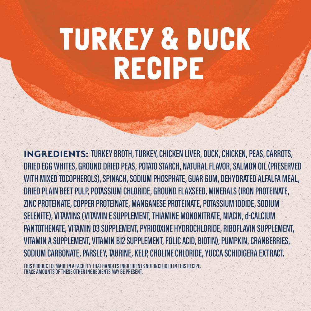 Natural Balance gros plan des morceaux de dinde et canard bénéfice protéines visibles