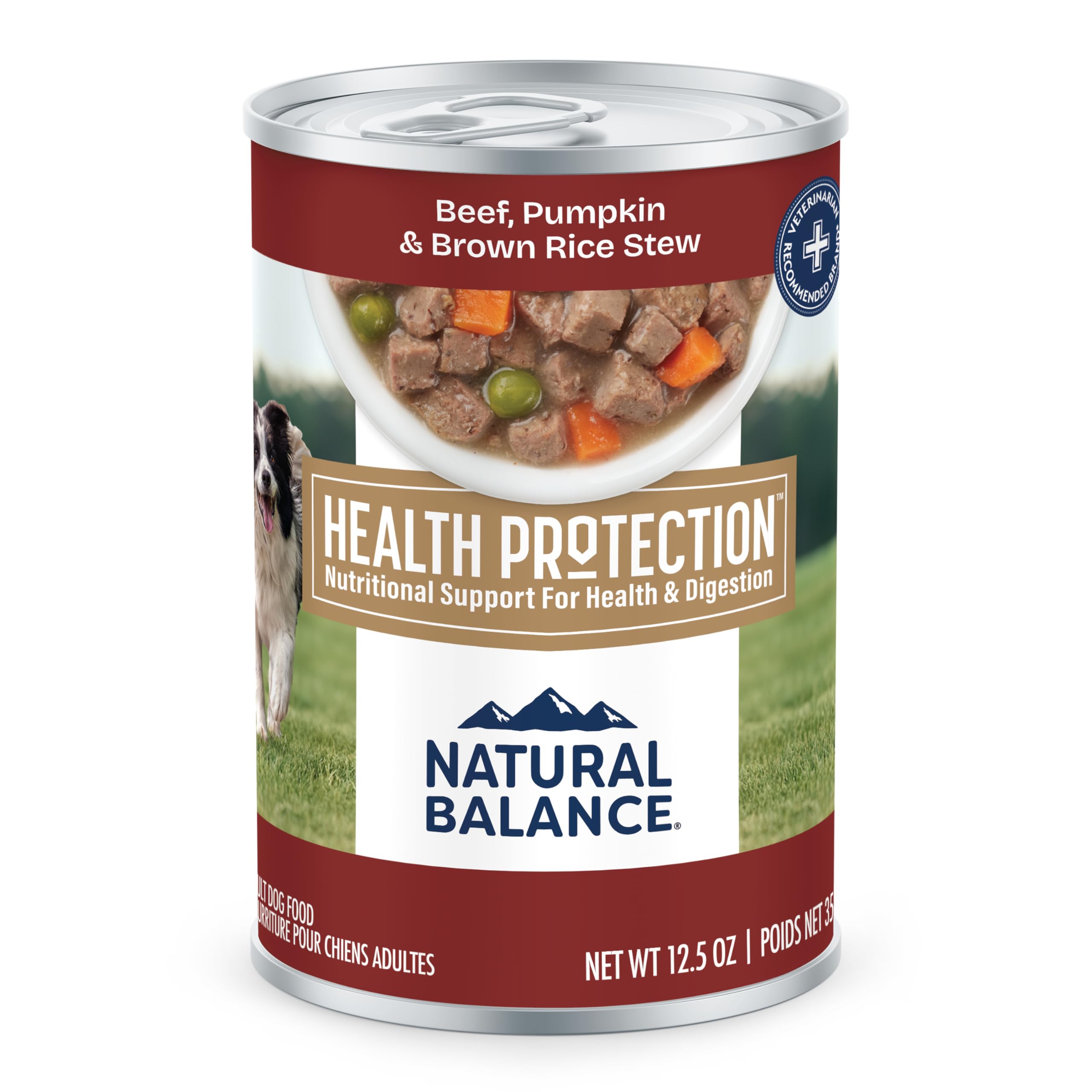 Natural Balance front de boîte ragoût bœuf montrant l'étiquette et la qualité