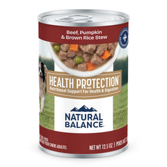 Natural Balance front de boîte ragoût bœuf montrant l'étiquette et la qualité