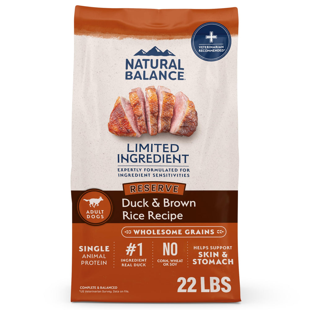 Natural Balance sac face montrant la recette canard et riz brun et confiance