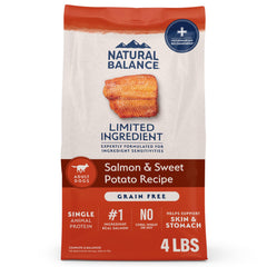 Natural Balance sac face montrant recette saumon et patate douce bénéfice nutrition complet