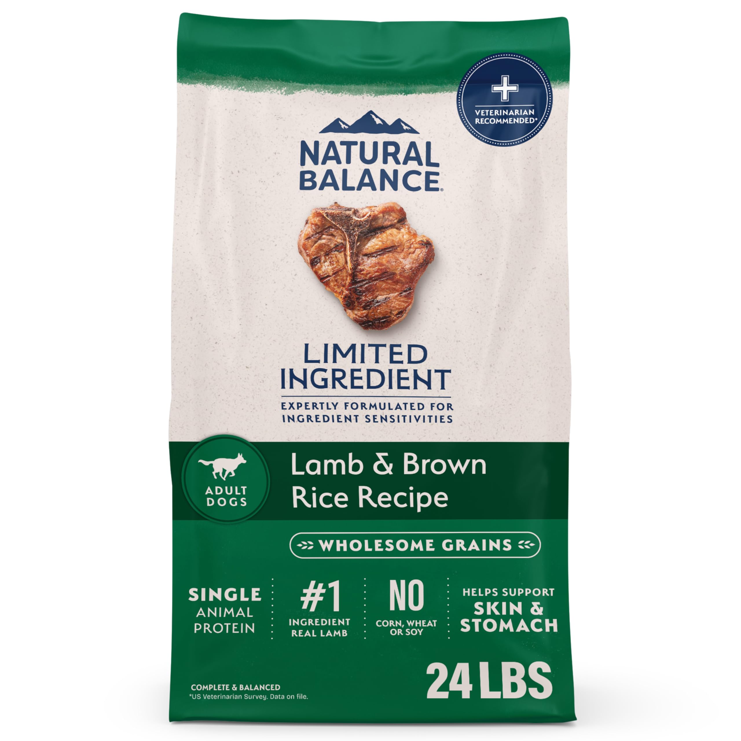 Natural Balance sachet devant montrant la recette agneau et riz brun pour confiance