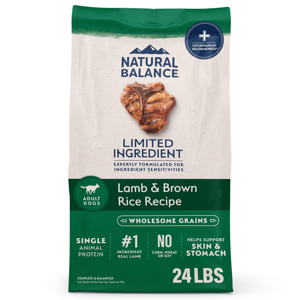 Natural Balance sachet devant montrant la recette agneau et riz brun pour confiance