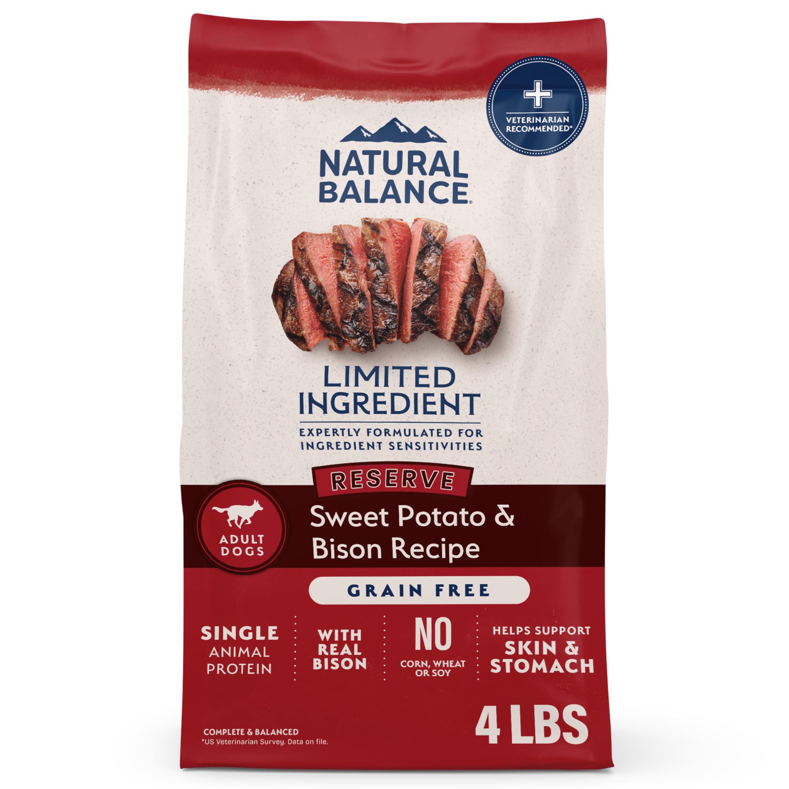 Natural Balance face avant du sachet montrant la recette Sweet Potato & Bison et les bénéfices
