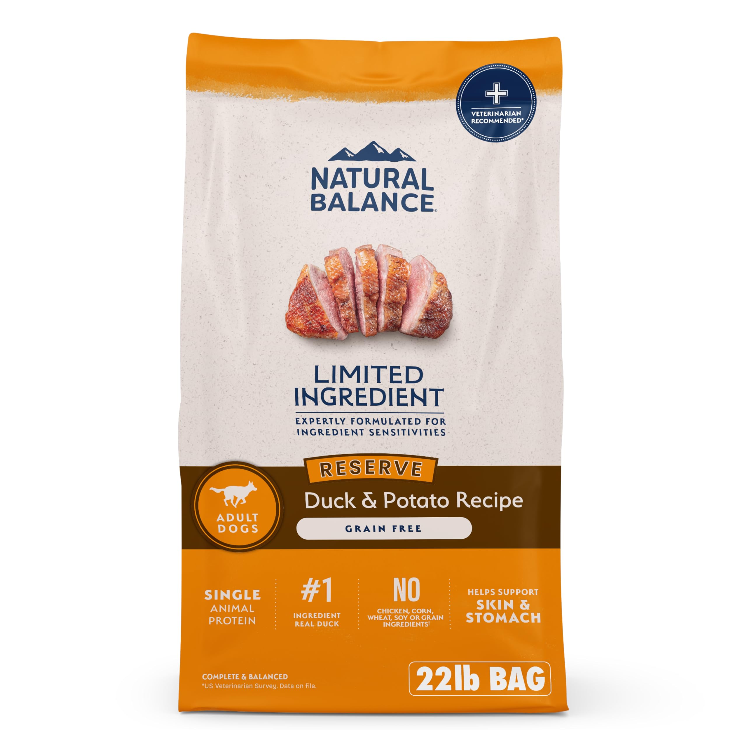 Natural Balance face avant du sac montrant la recette Duck & Potato et bénéfice simplicité