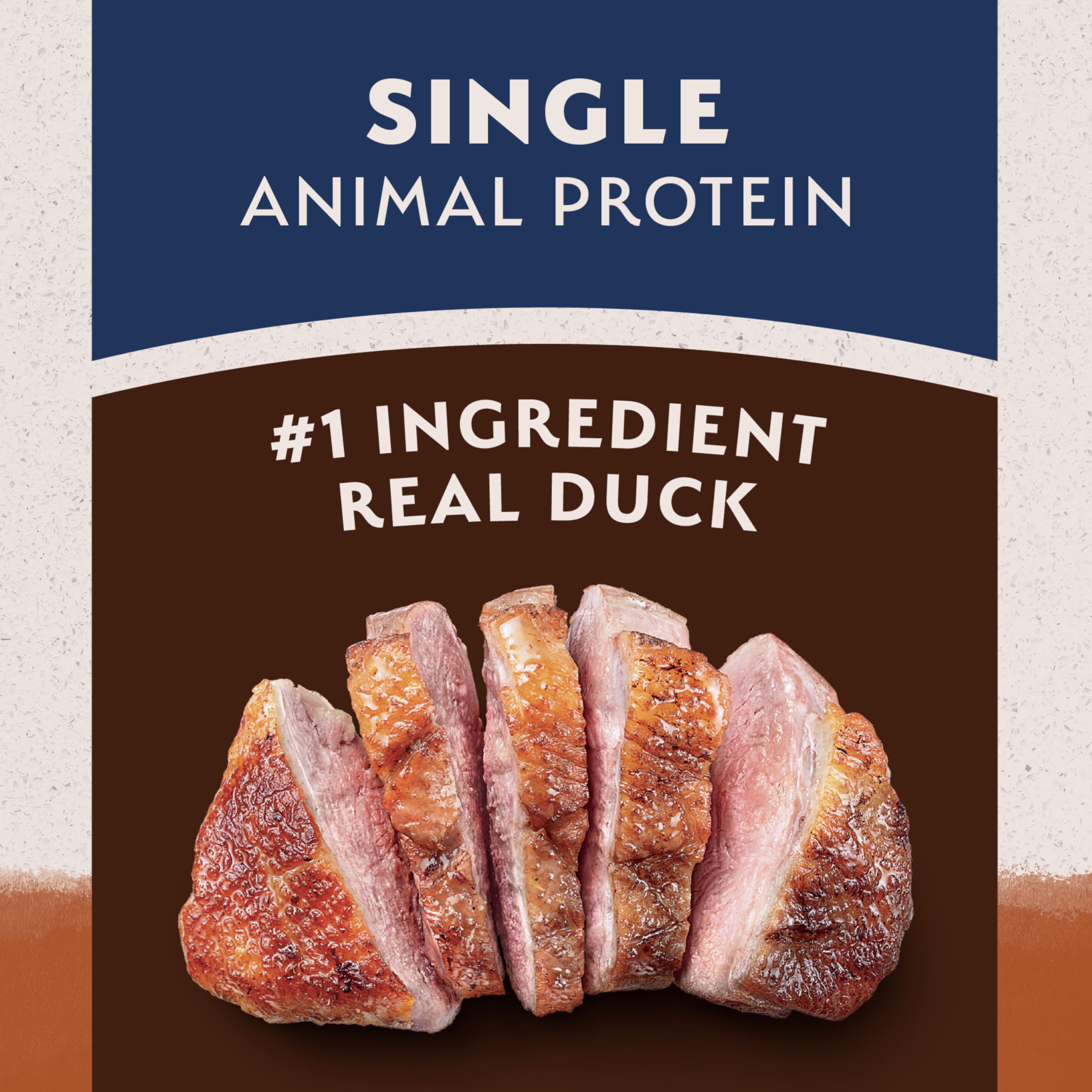 Natural Balance gros plan morceau de canard indiquant protéine premium bénéfice muscles