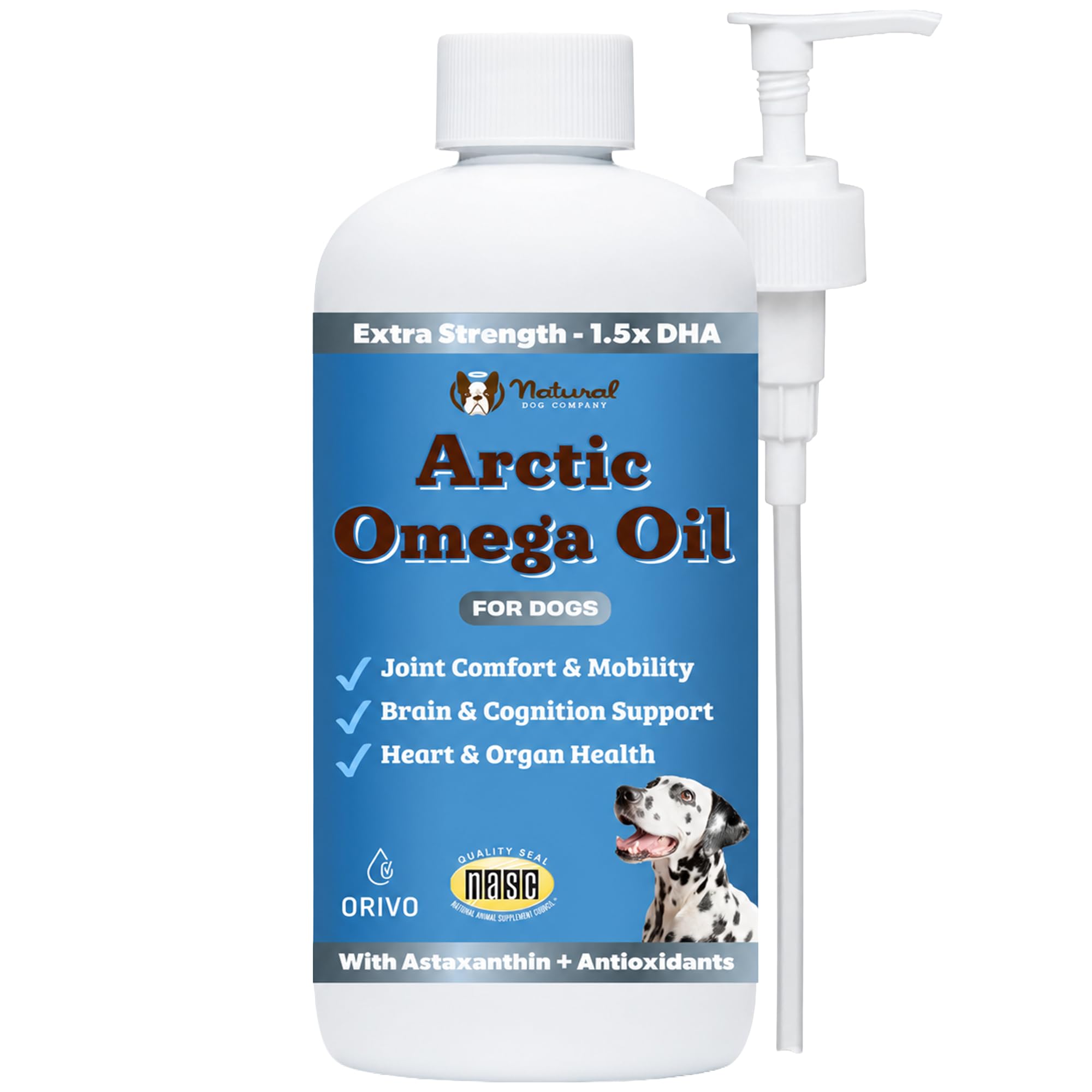 Natural Dog Company bouteille Arctic Omega Oil montrant le flacon et bénéfice nutritionnel
