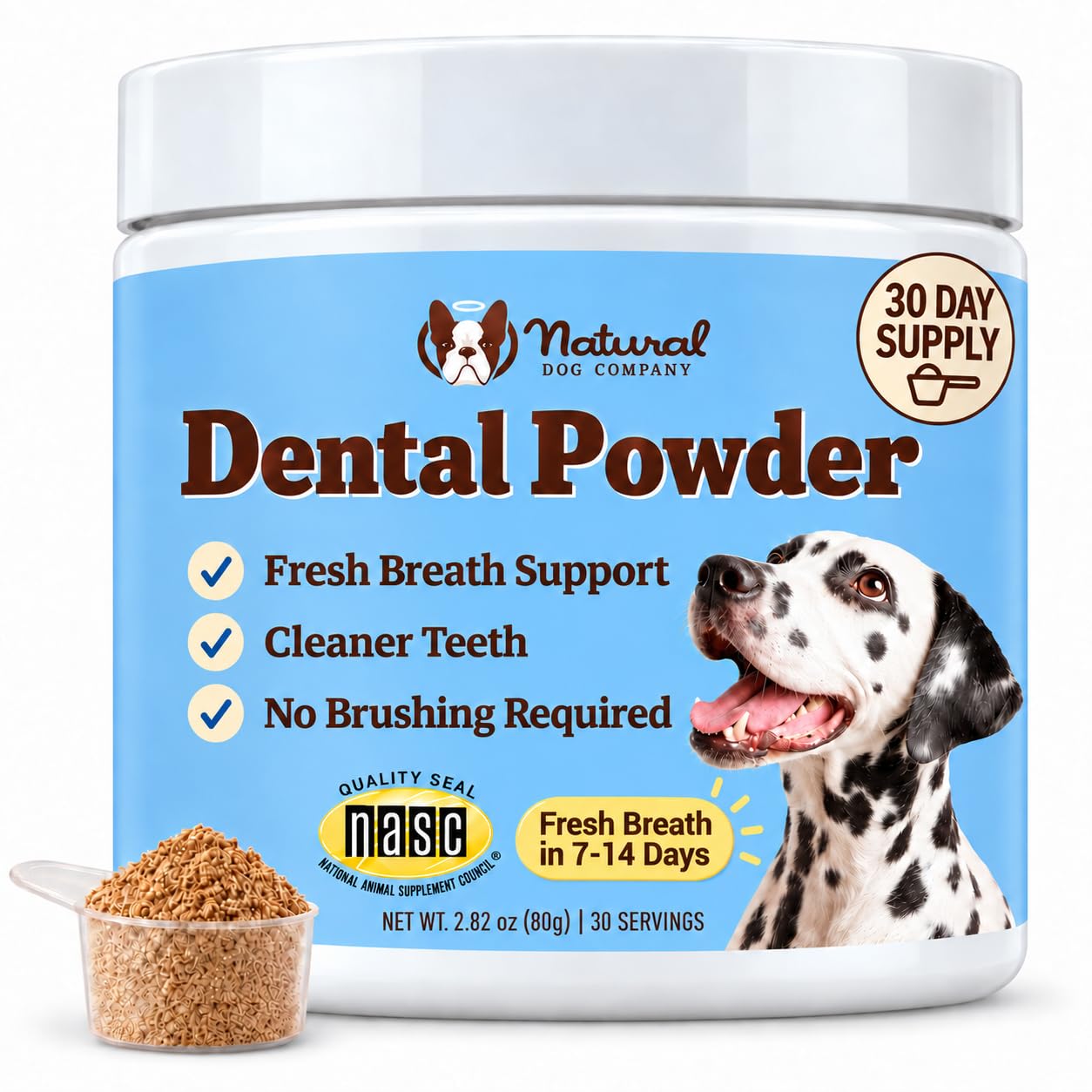 Natural Dog Company emballage avant montrant le pot et l'étiquette pour identification rapide