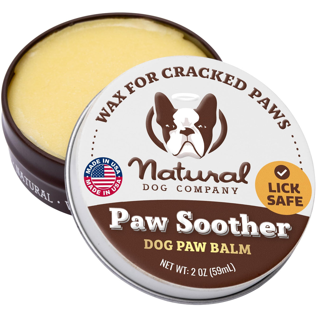 Natural Dog Company étui avant montrant le baume pratique, facilite les soins