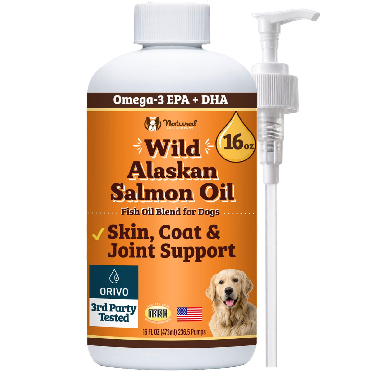 Natural Dog Company flacon avant montrant l'étiquette claire et bénéfice qualité