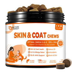 NATURE TARGET pot 120 chews saumon montrant l'emballage attractif et pratique