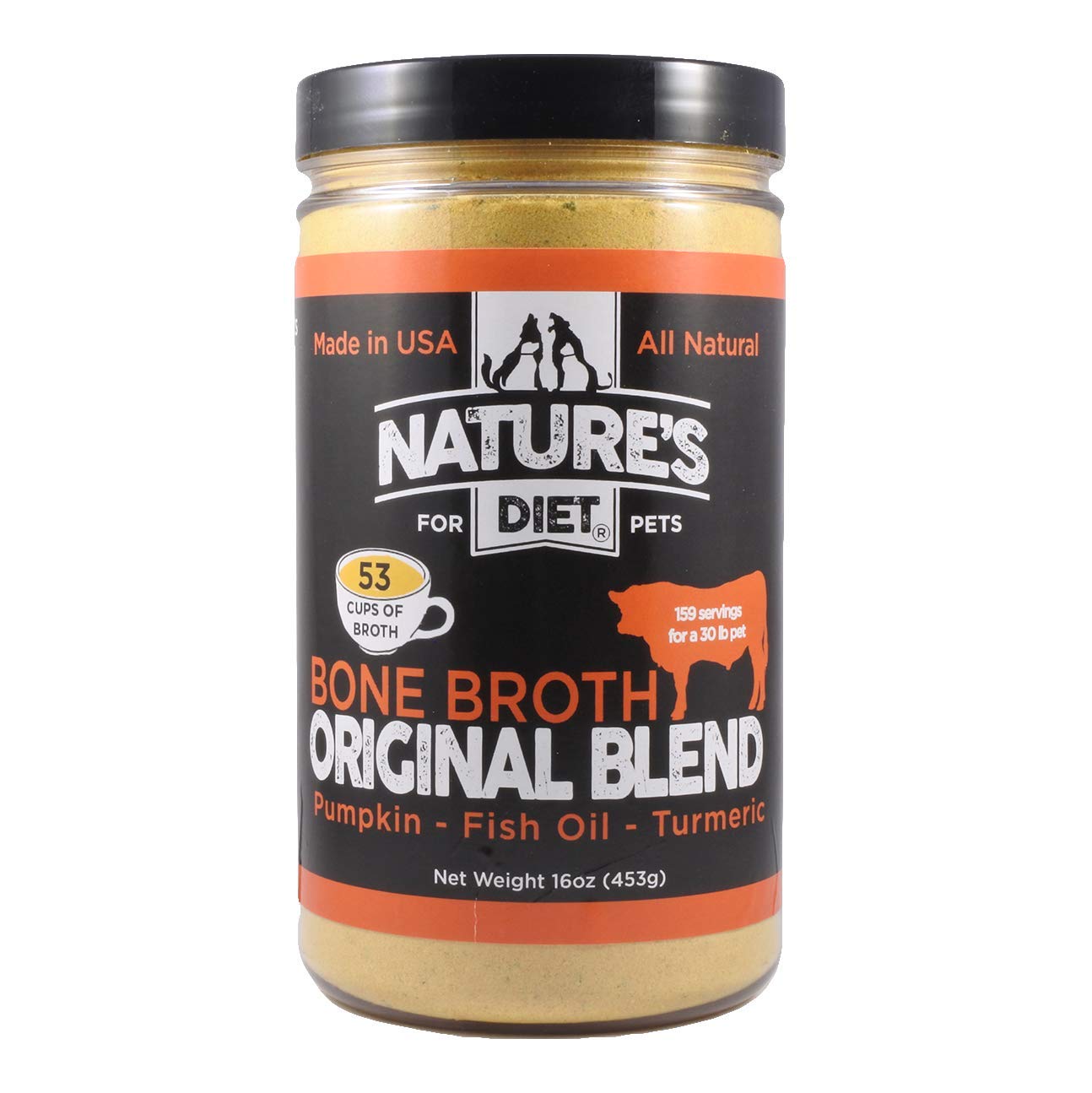 Nature's Diet emballage avant du bouillon de bœuf montrant format 16 oz et portion