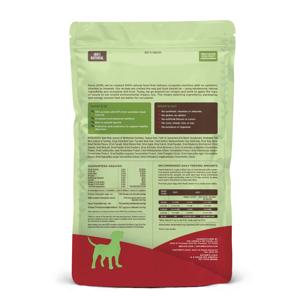 NATURE'S LOGIC kibble dans cuve illustrant quantité et aspect pratique