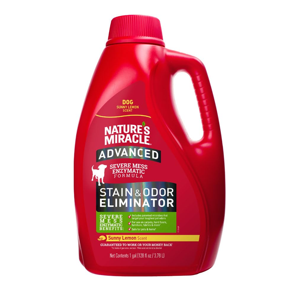 Nature's Miracle bidon face avant montrant le format 1 gal et l'étiquette claire, gain de capacité