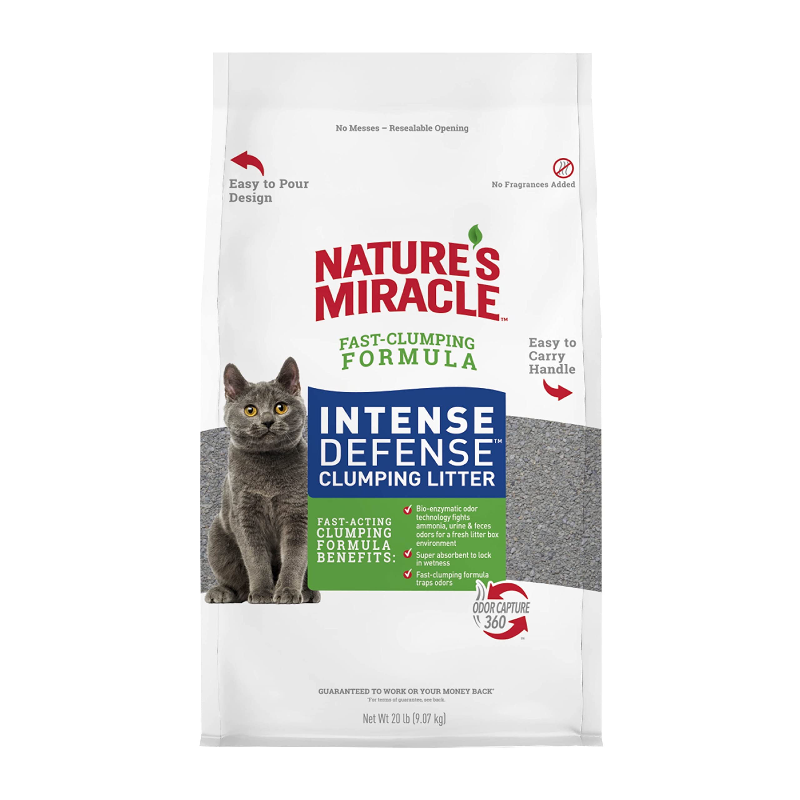 Nature's Miracle emballage avant montrant 20 lb et bénéfice contrôle d'odeurs
