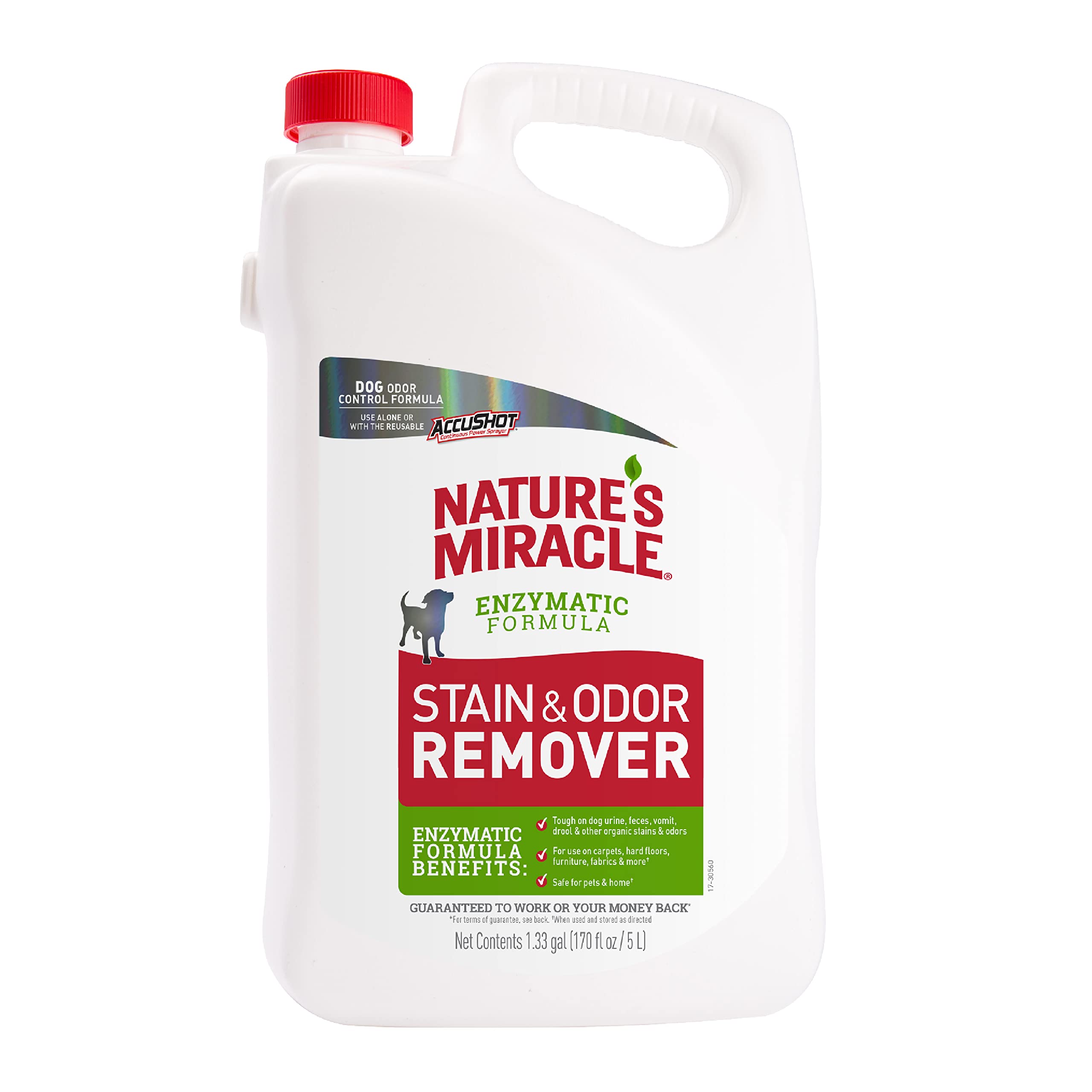 Nature's Miracle flacon recharge 170 oz montrant l'étiquette et l'usage domestique
