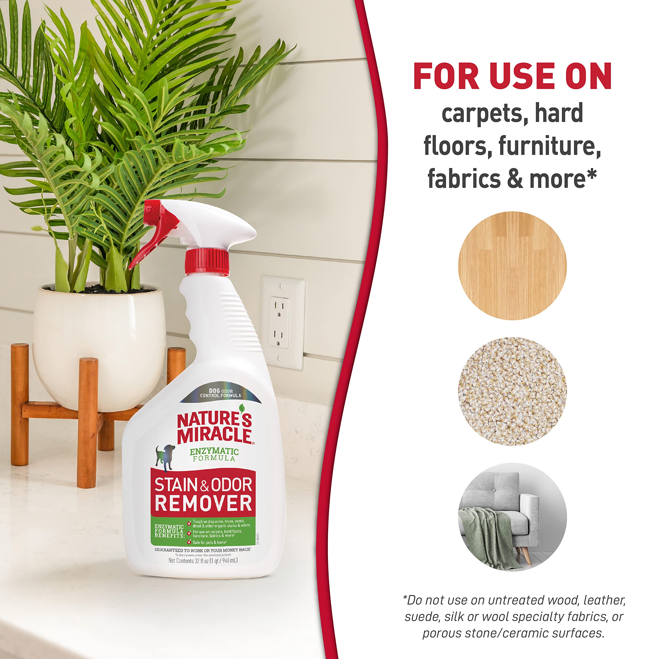 Nature's Miracle flacon 32 oz posé à côté d'un objet pour indiquer l'échelle