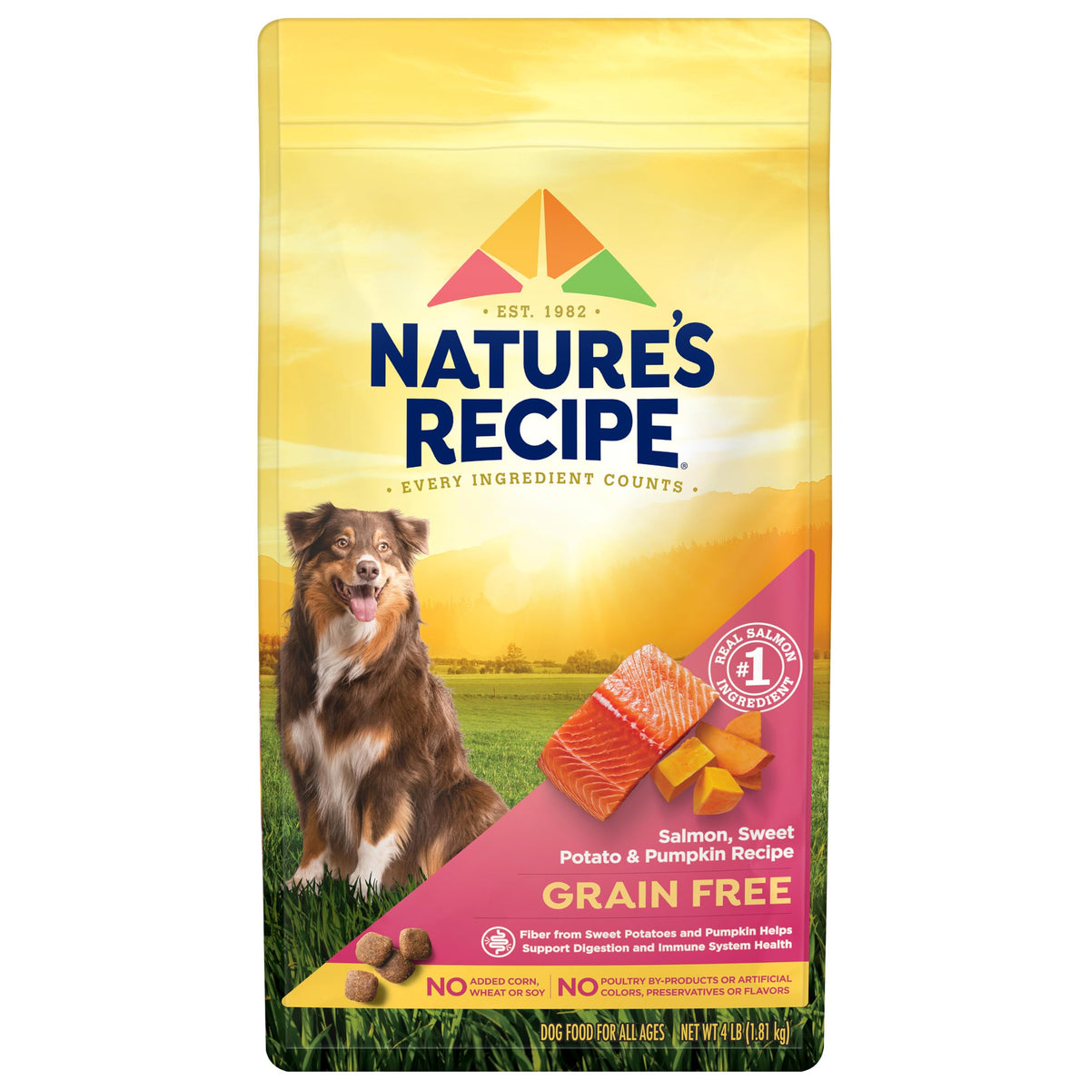 Nature's Recipe emballage avant montrant la recette au saumon et le format 4 lb bénéfique
