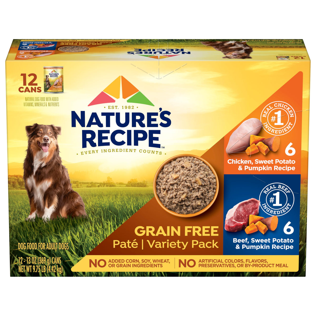 Nature's Recipe pack avant boîtes montrant assortiment, assure variété et praticité