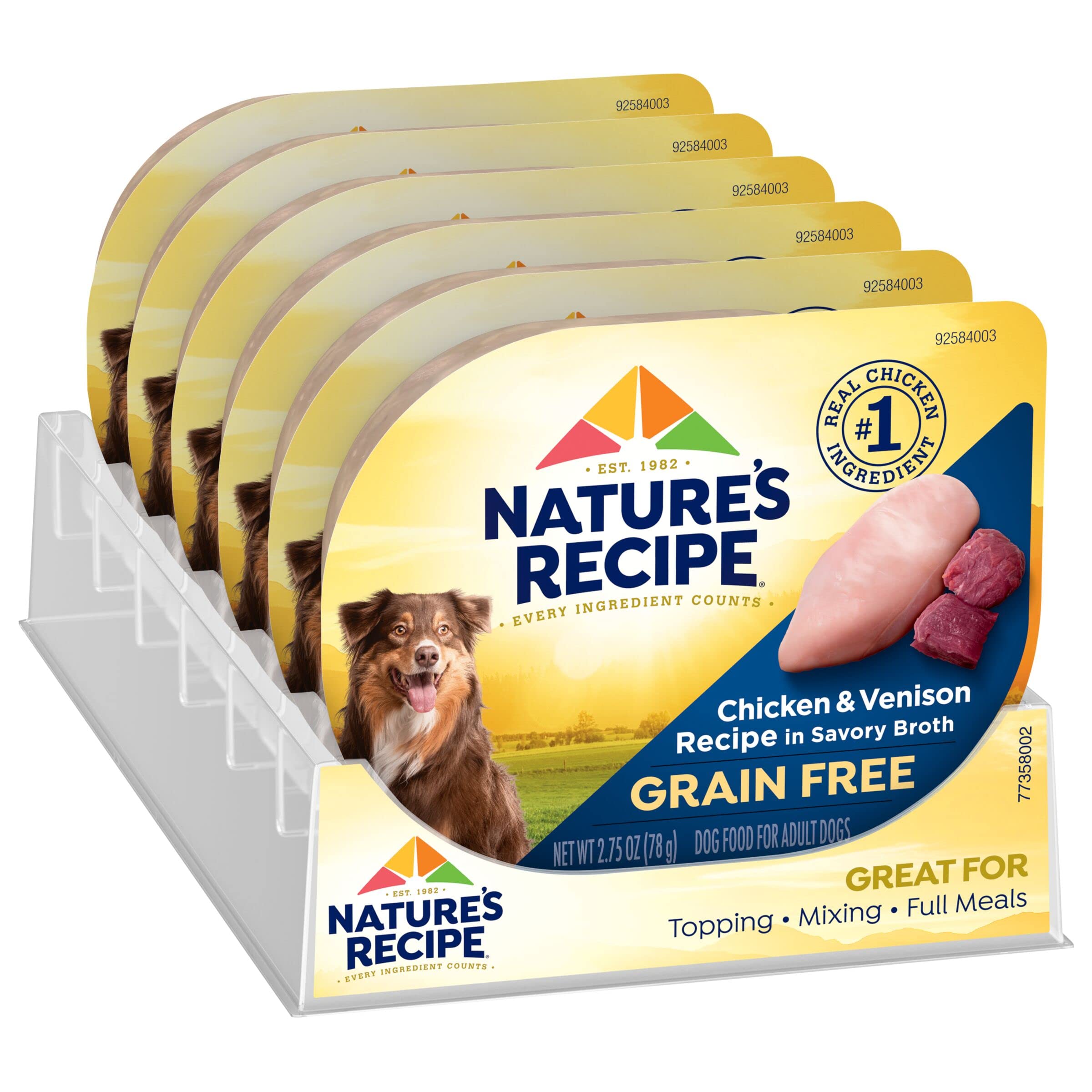 Nature's Recipe gros plan sur morceaux de poulet et venaison visibles, appétence accrue