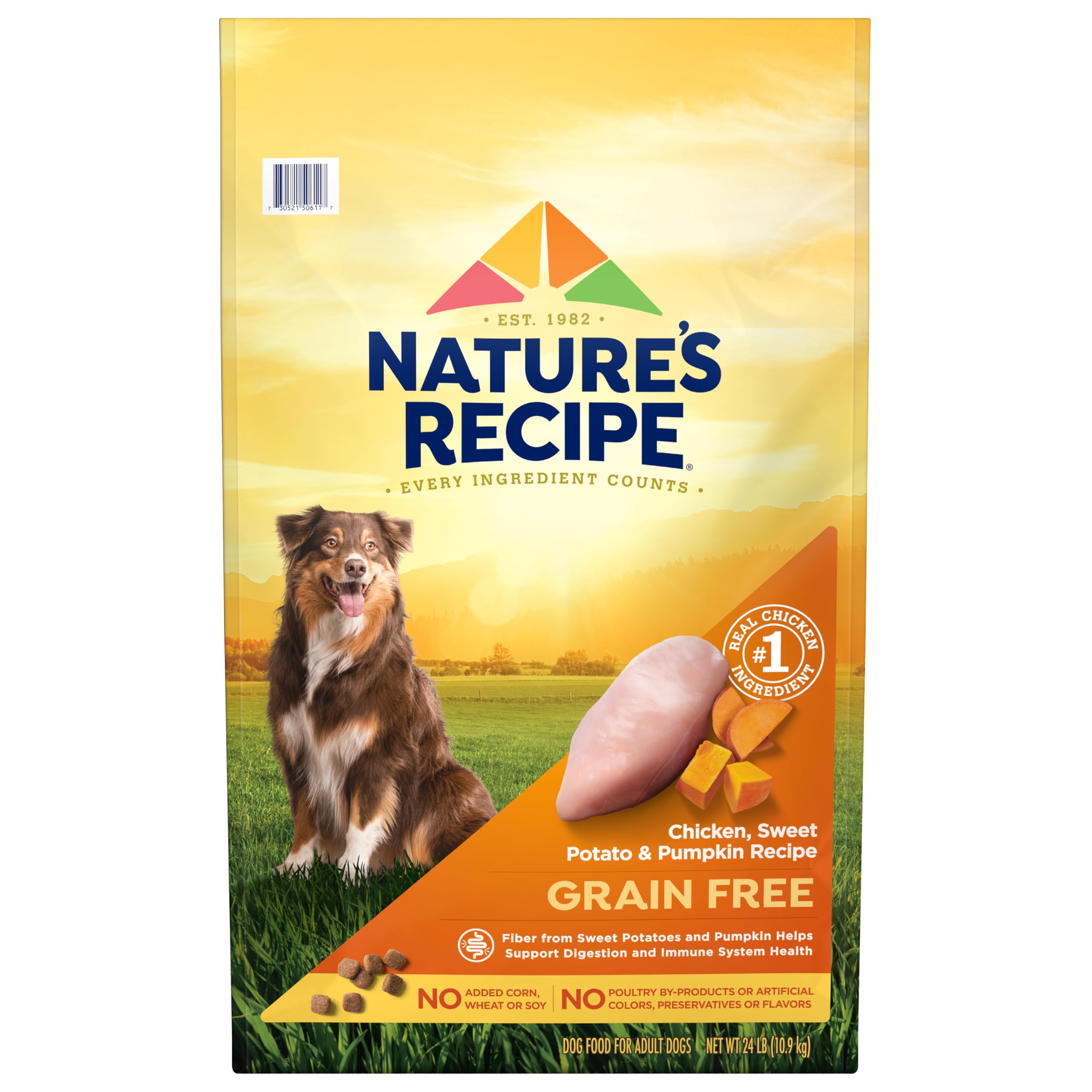 Nature's Recipe sac de 24 lb face avant montrant ingrédients principaux et bénéfices